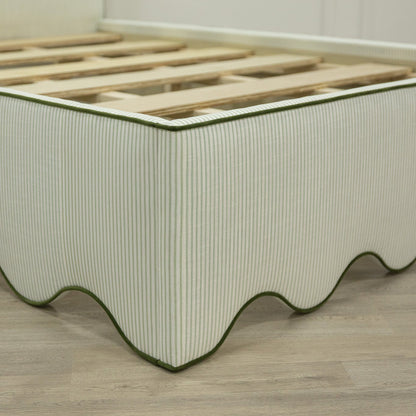 The Waverly Full Size Bed - Ticking Stripe Green Fabric - Forest Green Trim