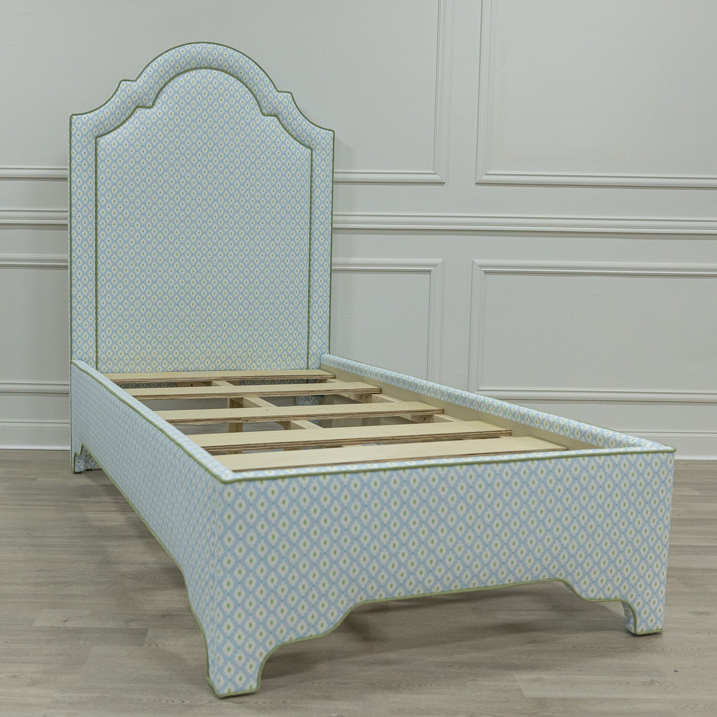 The Grace Twin Bed - Mia Blue/Green Fabric - Pistachio Green Trim
