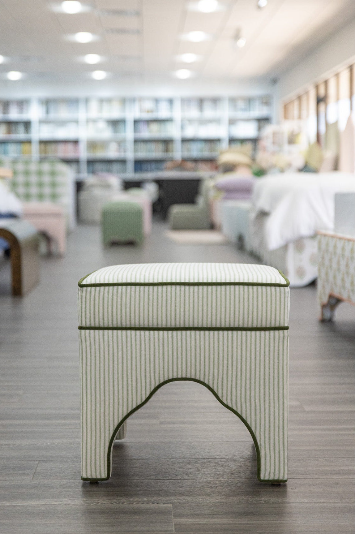 Scalloped Stool - Green Ticking Stripe Fabric - Forest Green Trim