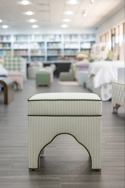 Scalloped Stool - Green Ticking Stripe Fabric - Forest Green Trim