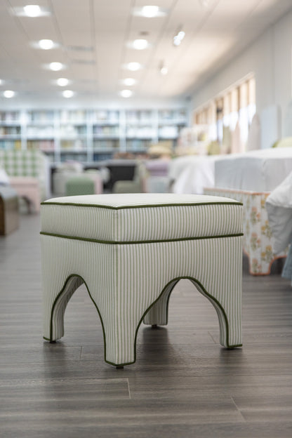 Scalloped Stool - Green Ticking Stripe Fabric - Forest Green Trim