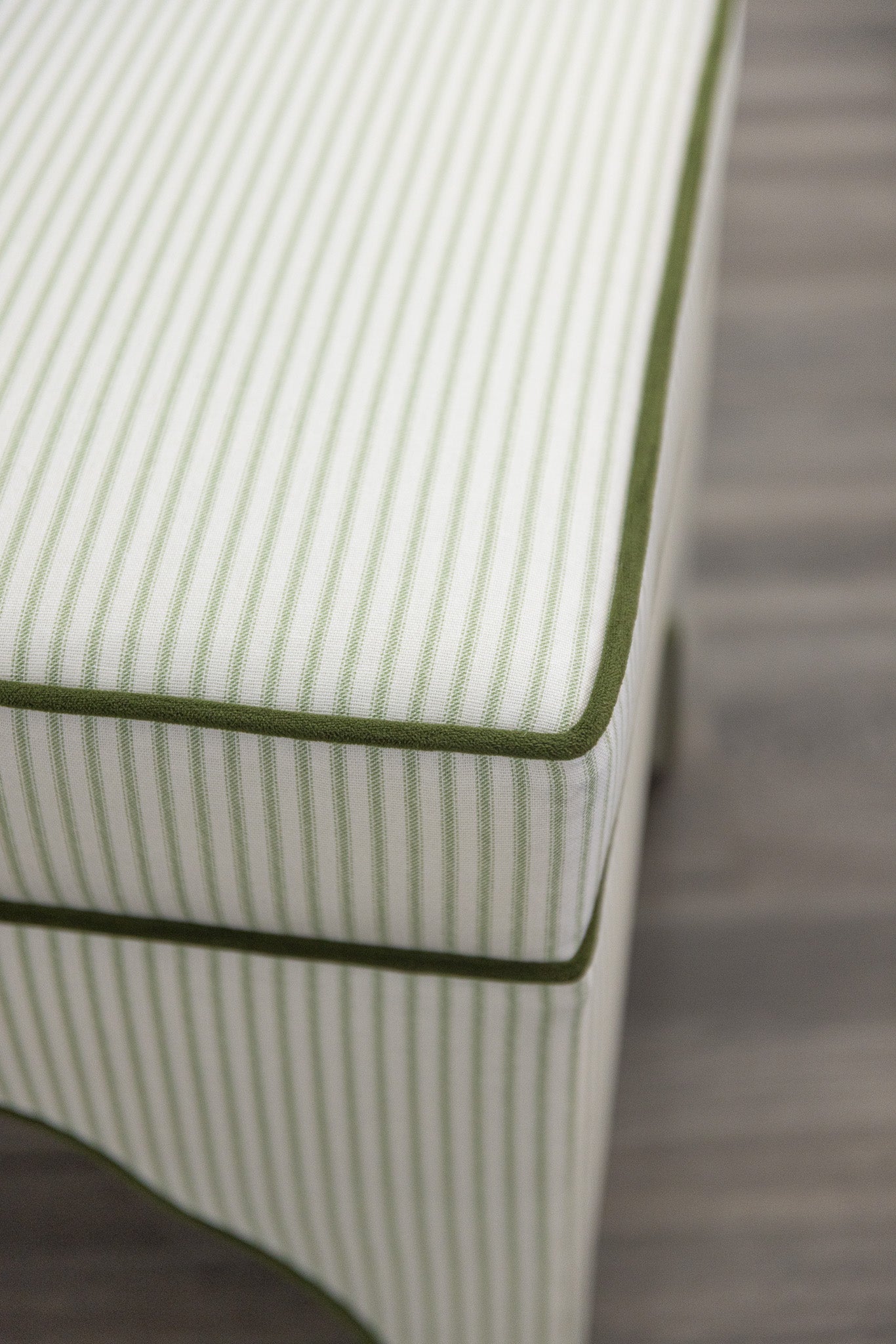 Scalloped Stool - Green Ticking Stripe Fabric - Forest Green Trim
