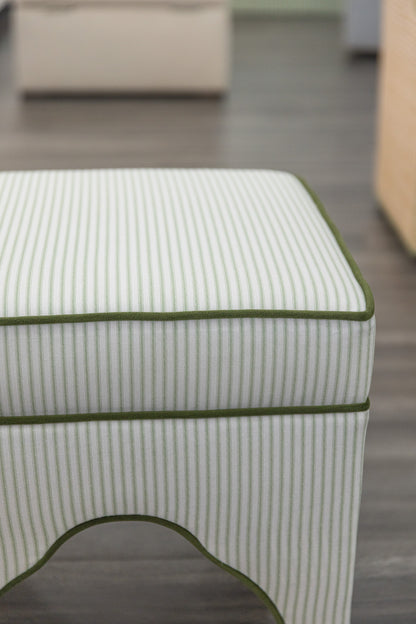 Scalloped Stool - Green Ticking Stripe Fabric - Forest Green Trim