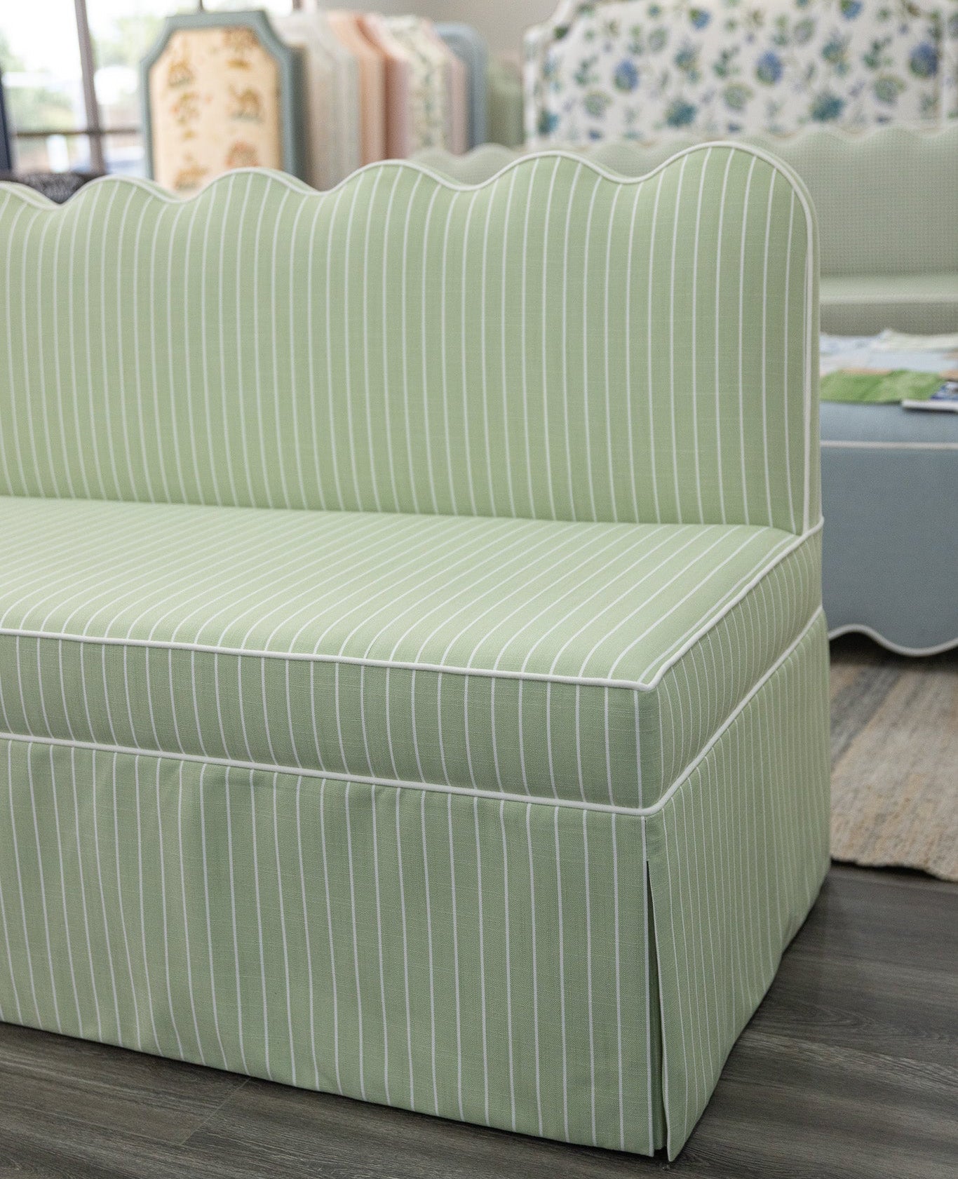 76"L Custom Scalloped Banquette - Green Striped Fabric, White Piping