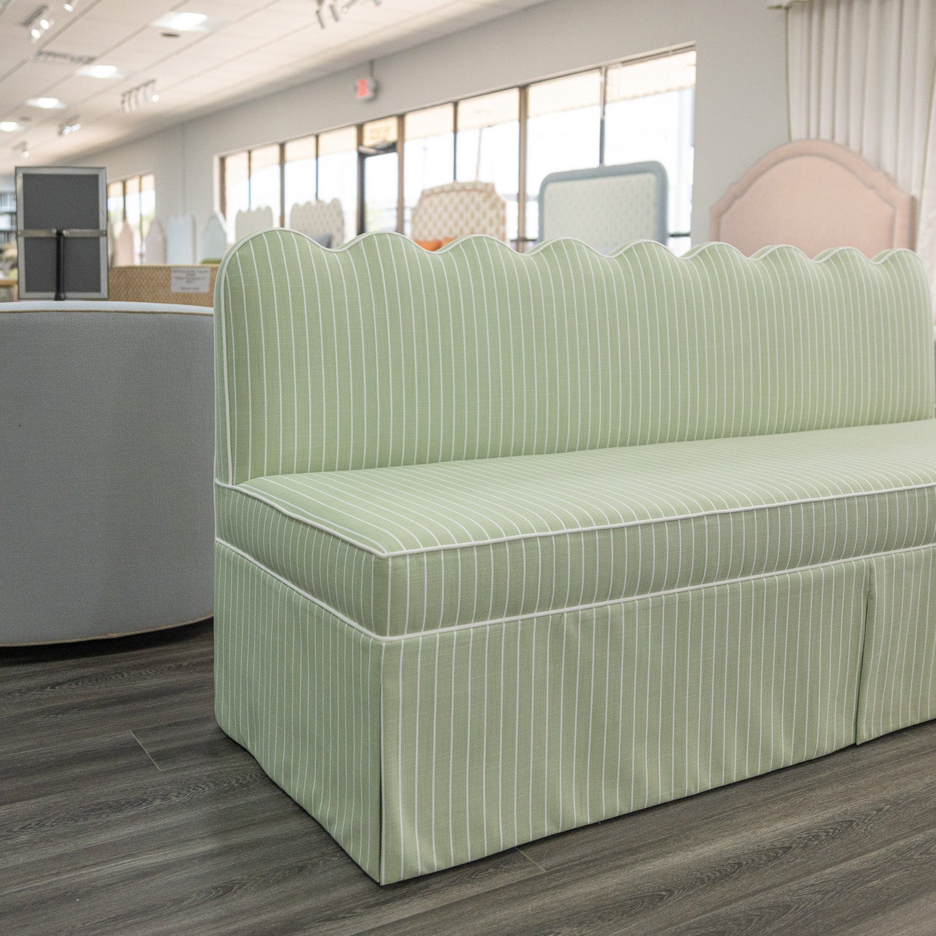 76"L Custom Scalloped Banquette - Green Striped Fabric, White Piping