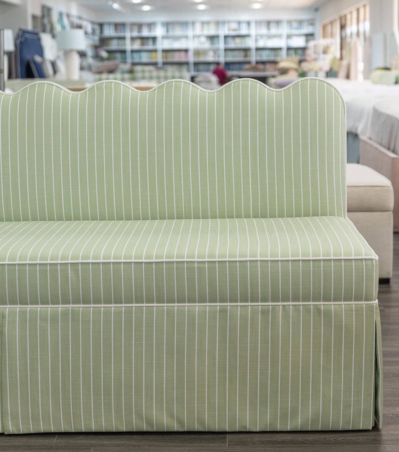 76"L Custom Scalloped Banquette - Green Striped Fabric, White Piping