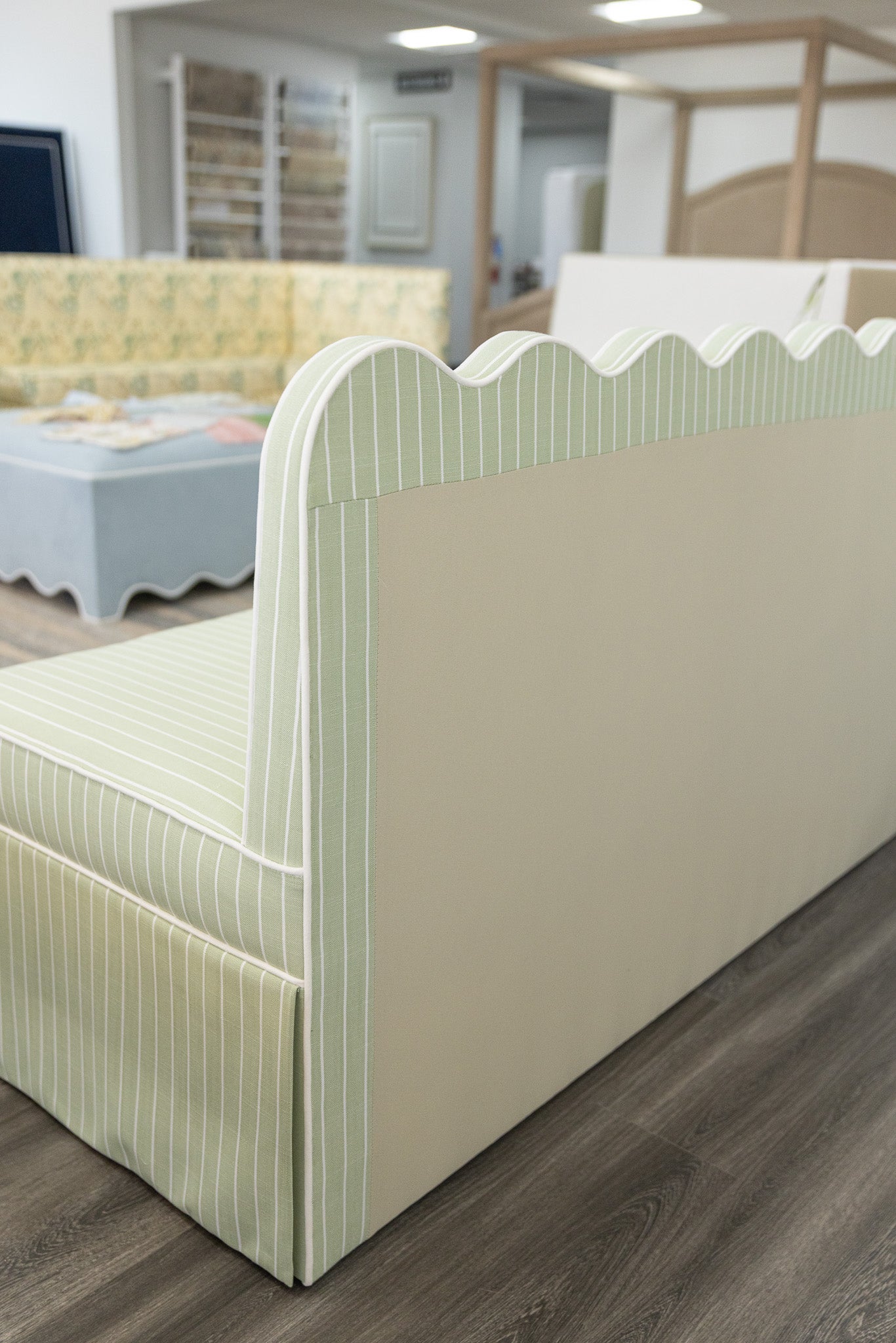 76"L Custom Scalloped Banquette - Green Striped Fabric, White Piping