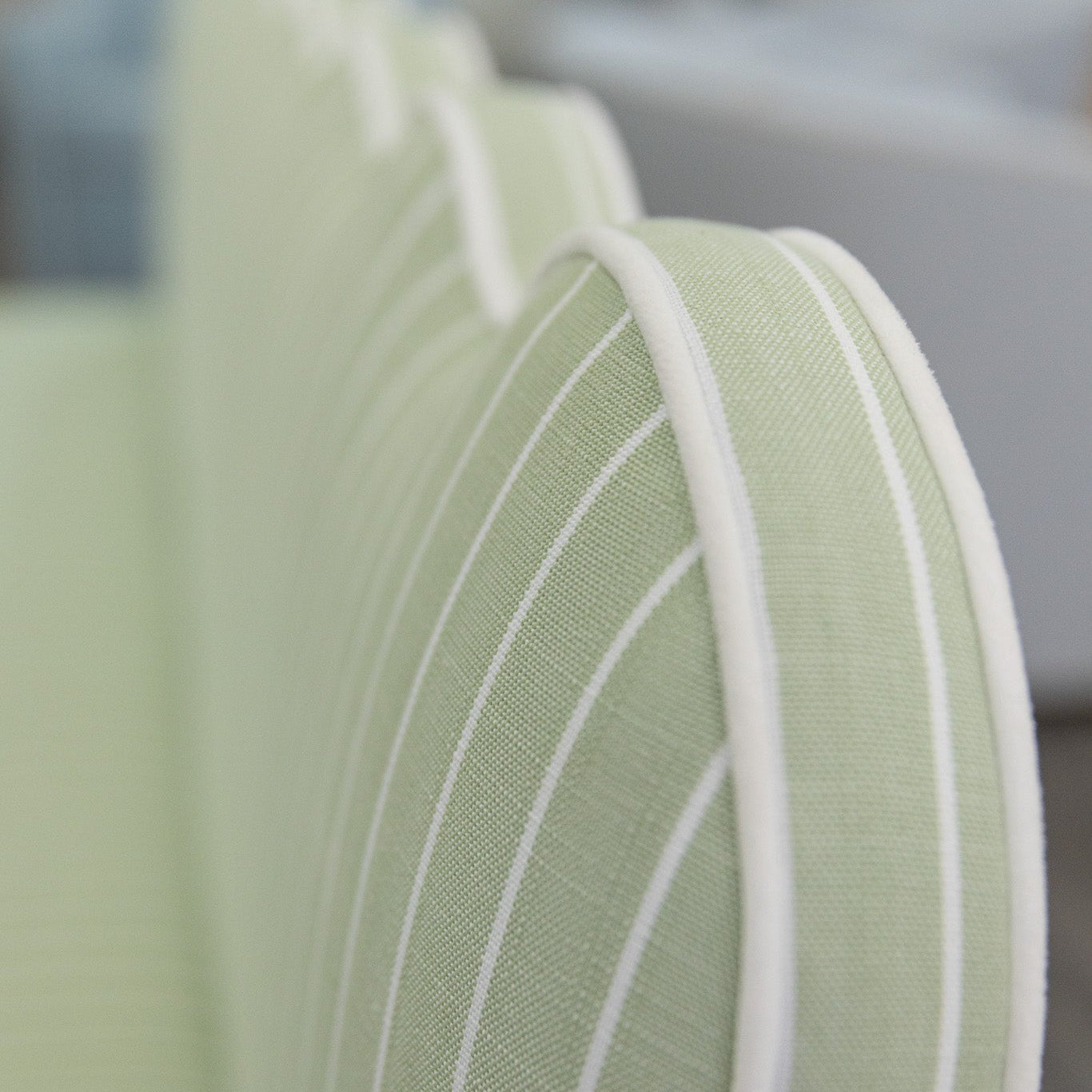 76"L Custom Scalloped Banquette - Green Striped Fabric, White Piping