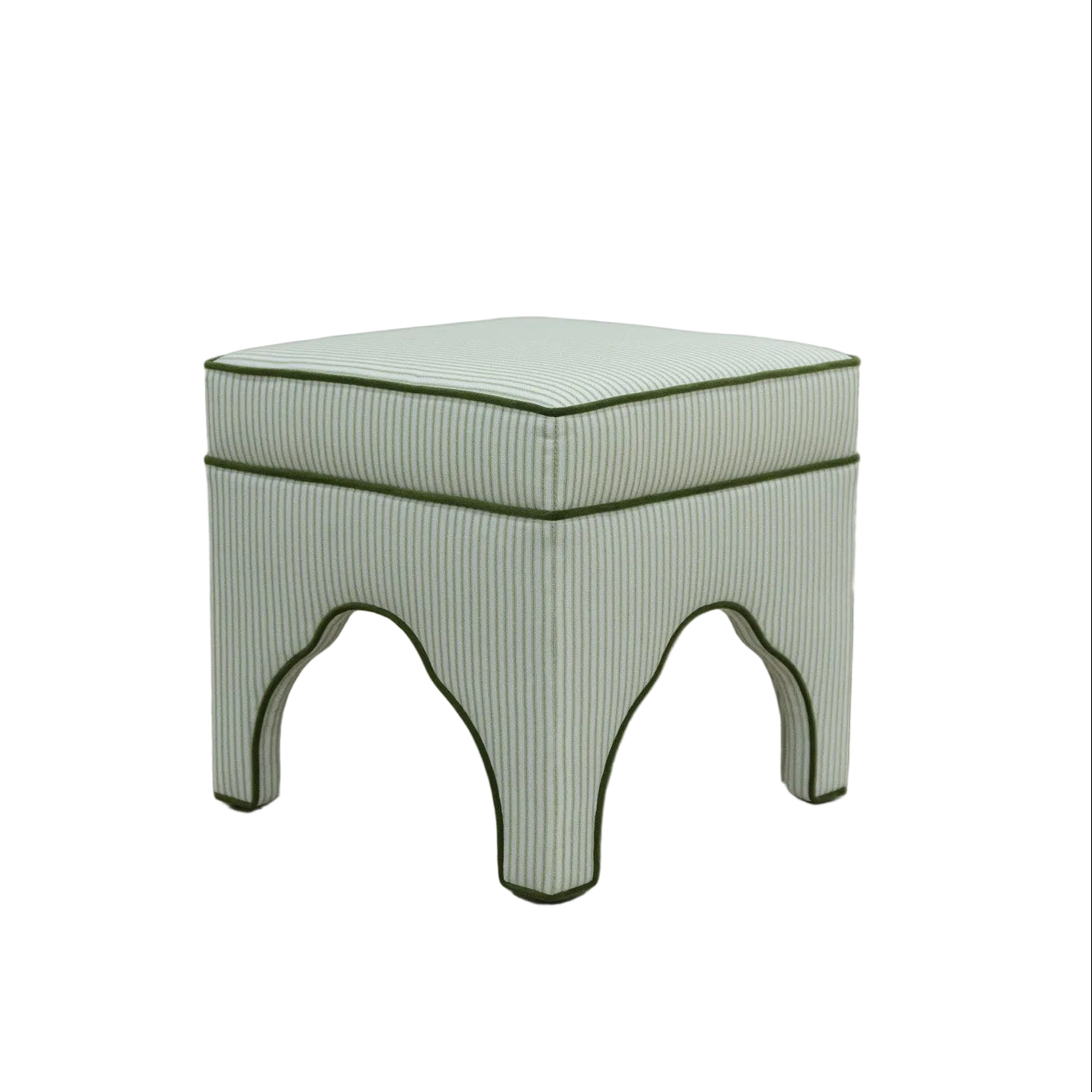 Scalloped Stool - Green Ticking Stripe Fabric - Forest Green Trim