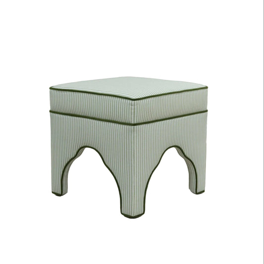 Scalloped Stool - Green Ticking Stripe Fabric - Forest Green Trim