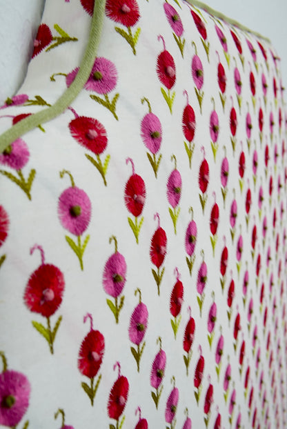 65" H Twin Headboard in Schumacher Embroidered Floral Fabric - Green Trim