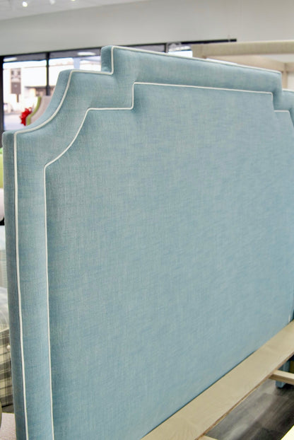 65"H King Bed - Glacier Blue Linen Fabric with White Trim
