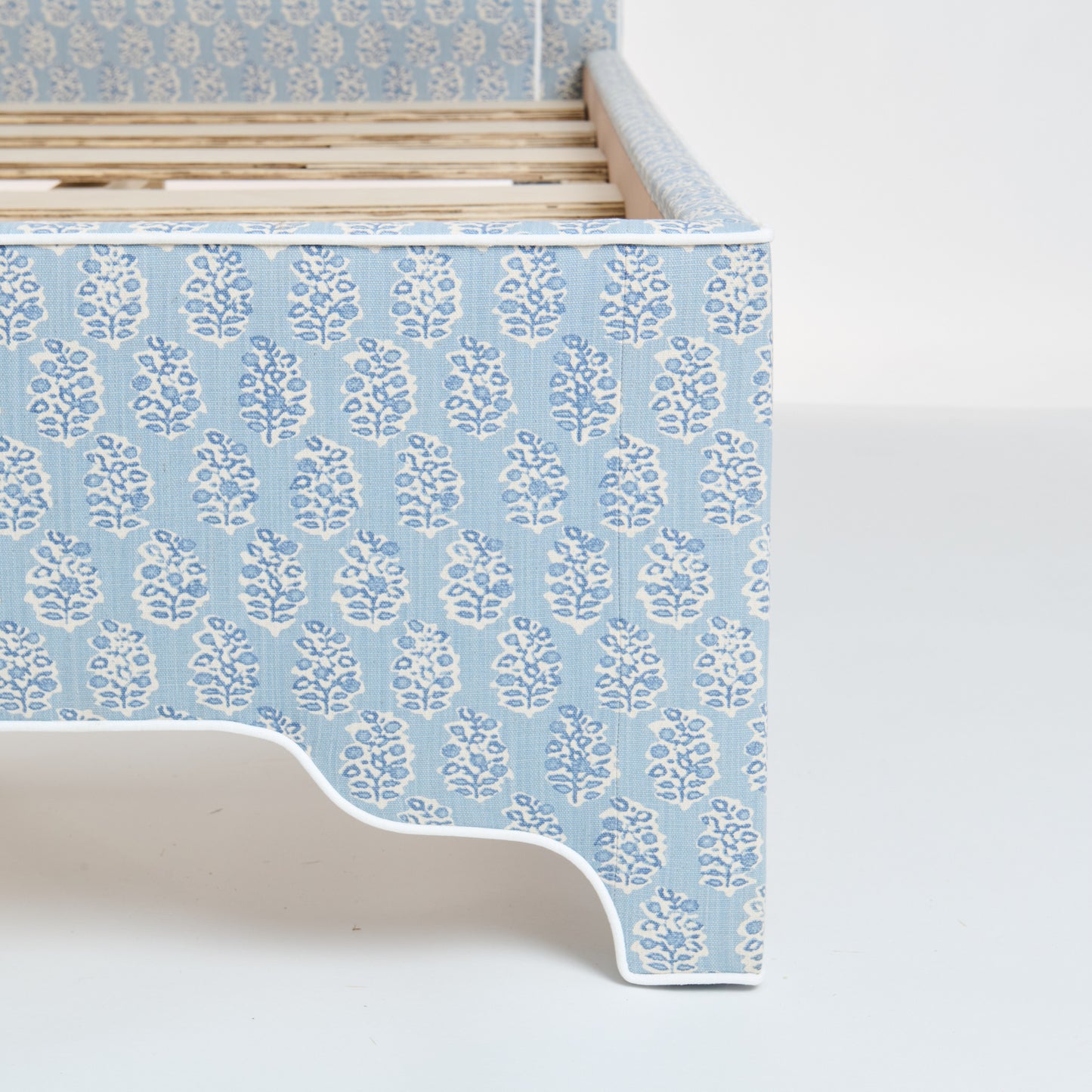 The Grace Queen Bed - Perry Blue Polyester Fabric - White Trim