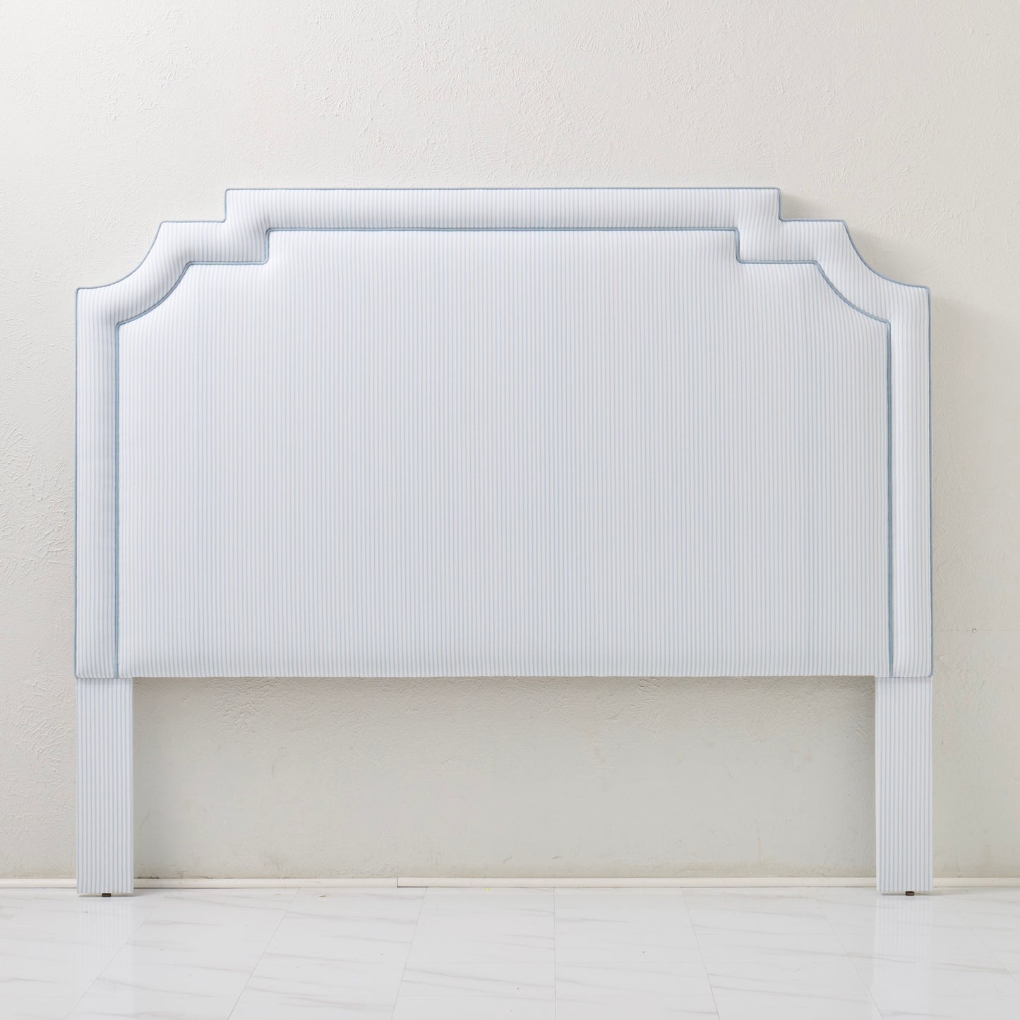 The Martha King Headboard - Classic Blue Stripe Fabric - Sky Blue Trim