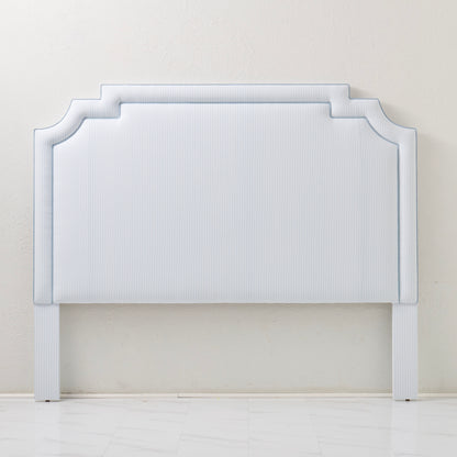 The Martha King Headboard - Classic Blue Stripe Fabric - Sky Blue Trim