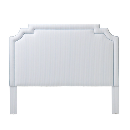 The Martha King Headboard - Classic Blue Stripe Fabric - Sky Blue Trim
