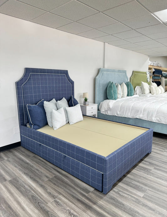 60”H Full Size Upholstered Bed with Twin Trundle - Plaid Navy Fabric - Light Gray Trim