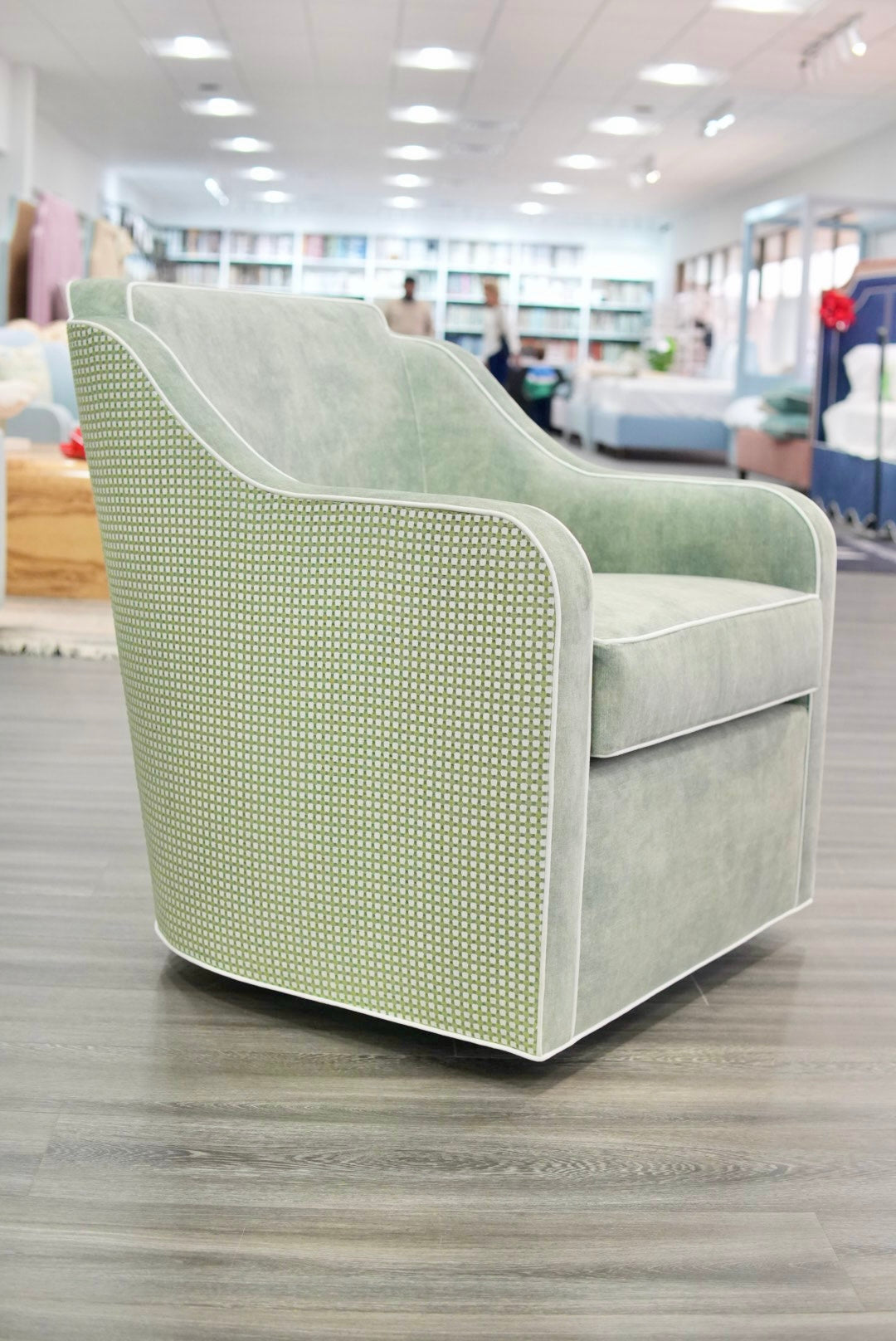 Custom Rachel Scalloped Swivel Chair: Thibaut Darcy Fabric