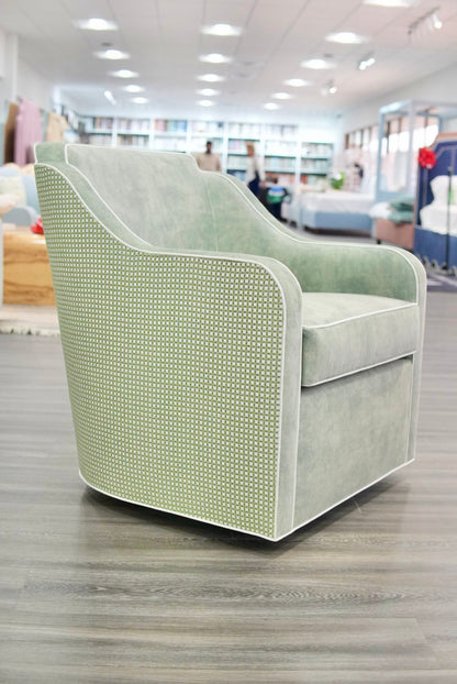 Custom Rachel Scalloped Swivel Chair: Thibaut Darcy Fabric