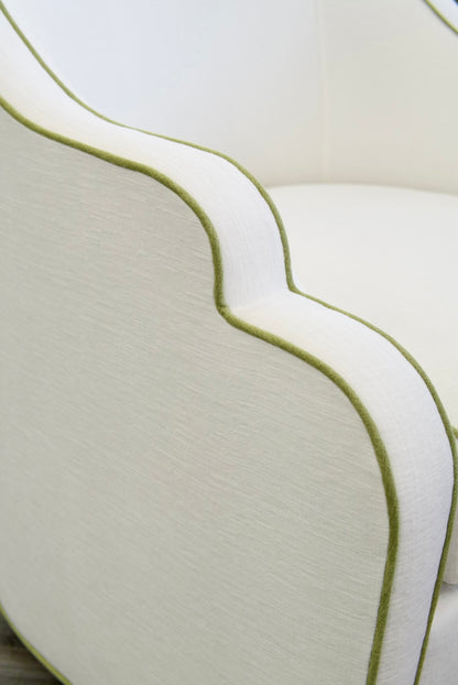 Custom Scalloped Swivel Chair: White Performance Fabric - Pistachio Green Trim
