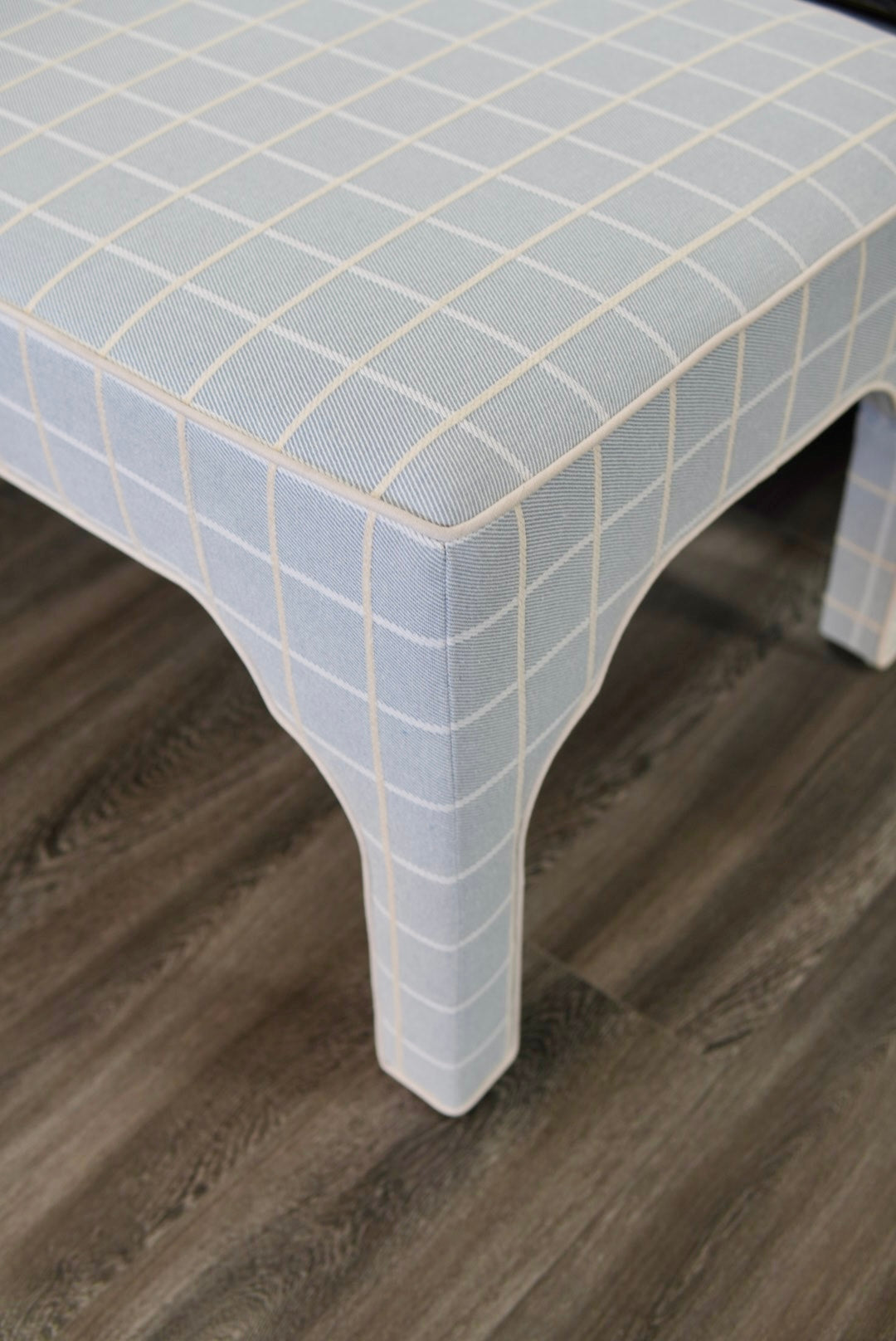 Custom Upholstered Bench in Blue Check Fabric
