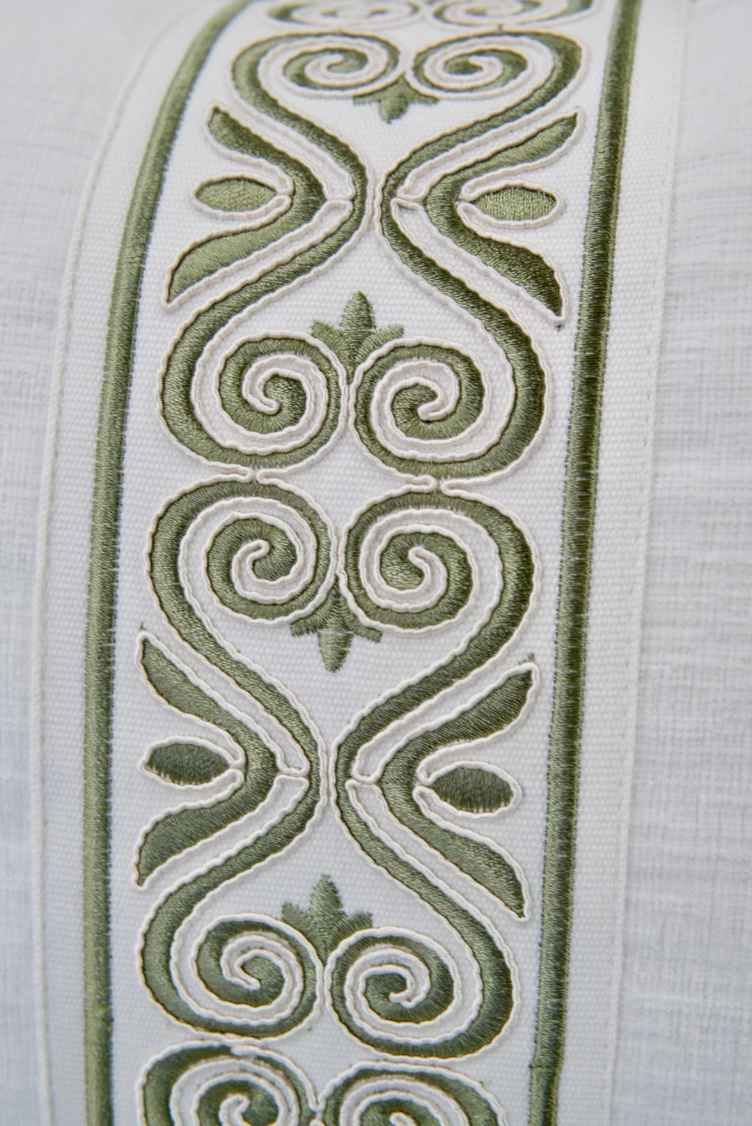 Custom Upholstered Skirted Banquette – Performance Green Chenille Fabric, White Piping