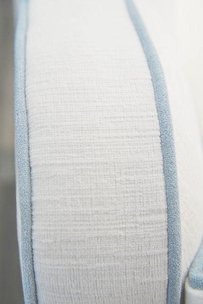 Custom Scalloped Swivel Chair: White Performance Fabric - Sky Blue Trim