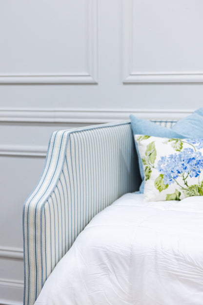 The Addison Twin to King Trundle Daybed - Schumacher Stripe Fabric - Sky Blue Trim