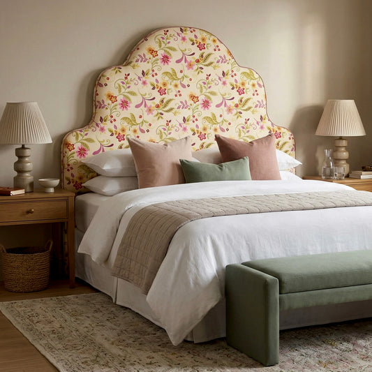 The Rachel King Headboard - Fabricut Floral Orchid Fabric - Lavender Trim