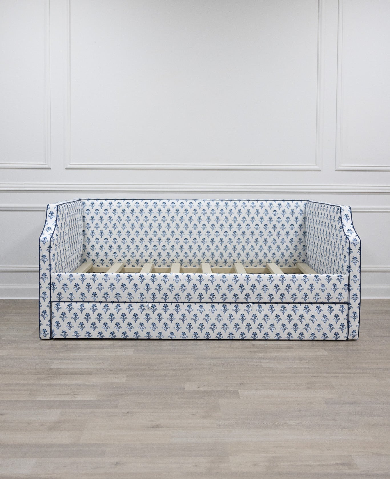 The Addison Twin Trundle Daybed - Lobelia Blues Fabric - Navy Trim