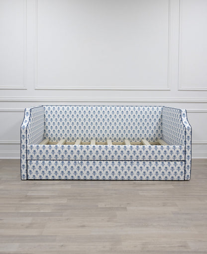The Addison Twin Trundle Daybed - Lobelia Blues Fabric - Navy Trim