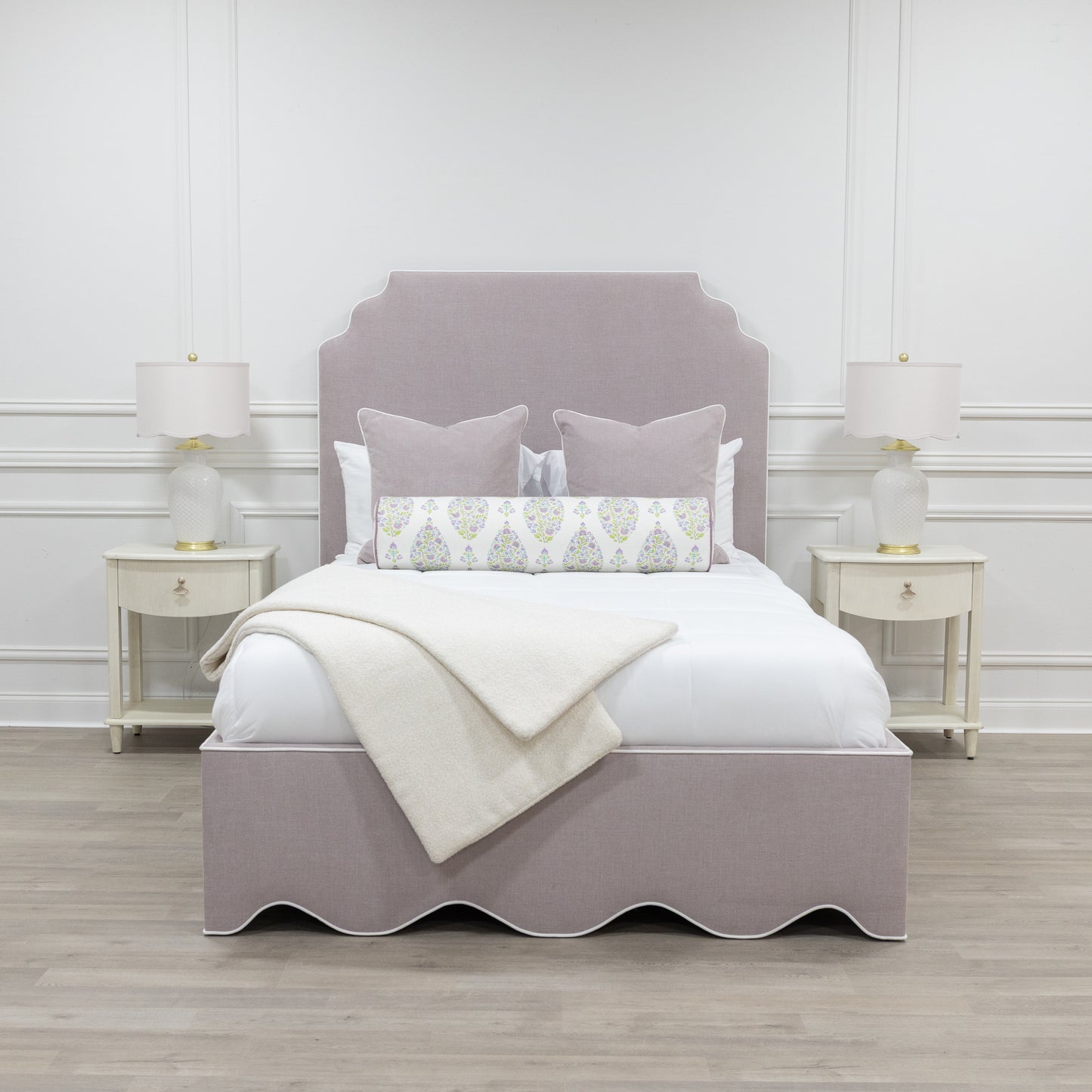 The Helena Queen Bed - Scalloped Base - Lilac Woven Fabric - White Trim