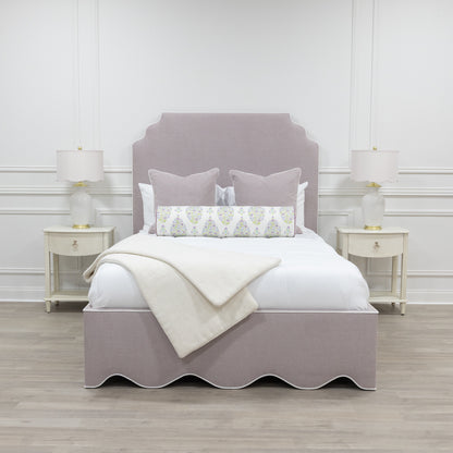 The Helena Queen Bed - Scalloped Base - Lilac Woven Fabric - White Trim
