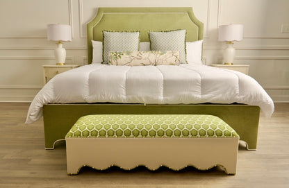 The Addison King Bed - Scalloped Legs - Pistachio Green Woven Fabric - White Trim