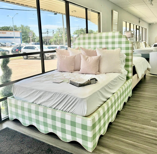65”H Queen Platform Bed in our Buffalo Green with Pink Trim — In-stock now.