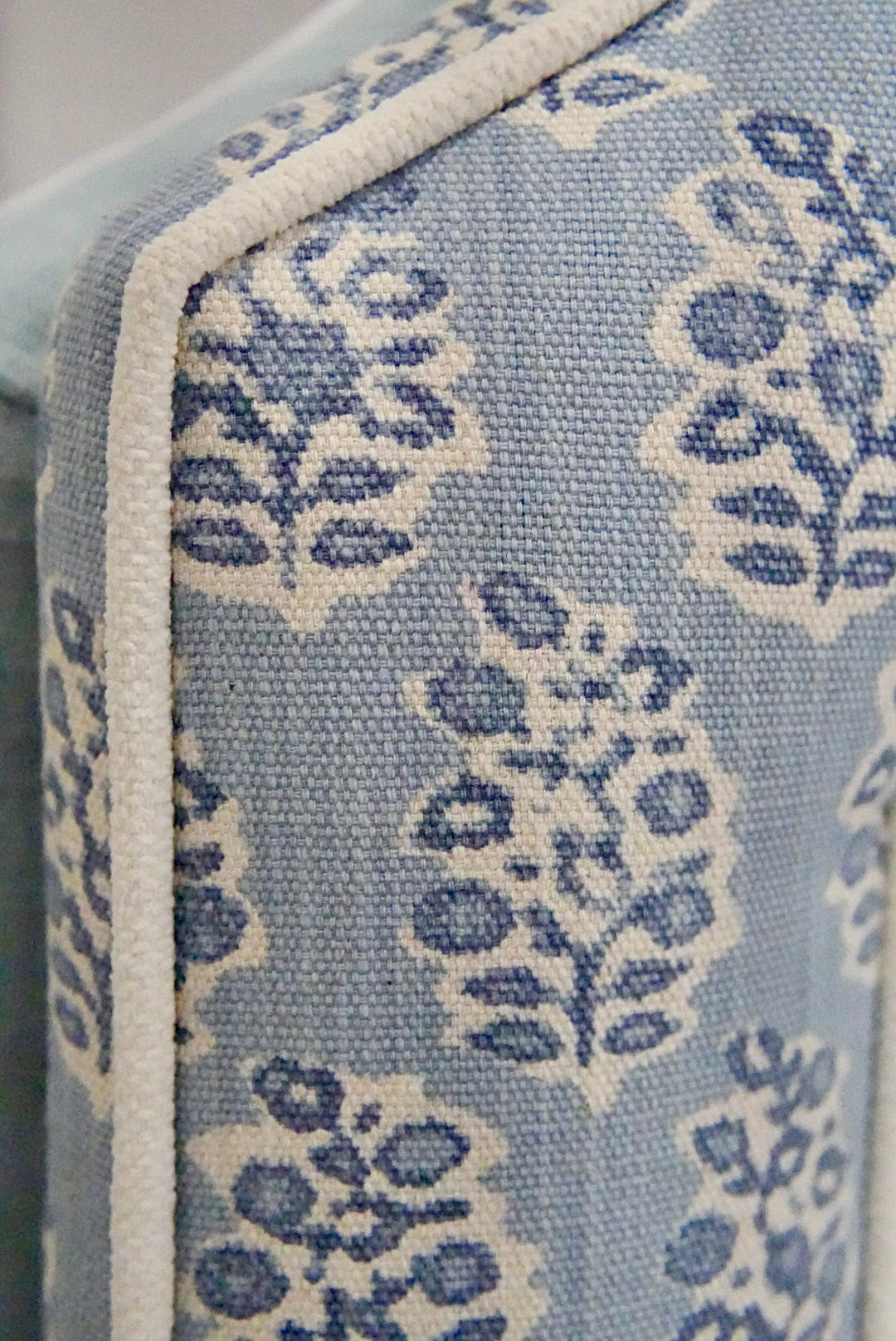 65”H Queen Platform Upholstered Bed - Perry Blue Polyester Fabric with White Trim