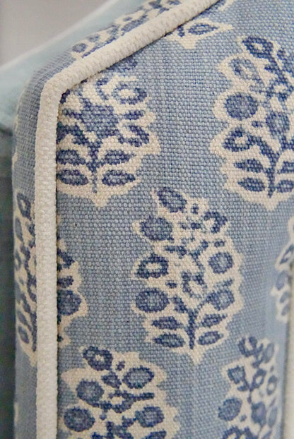 65”H Queen Platform Upholstered Bed - Perry Blue Polyester Fabric with White Trim