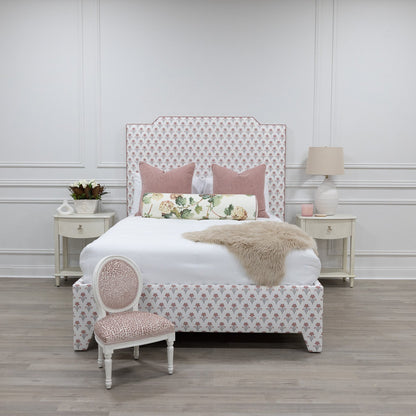 The Celeste Queen Bed - Pink Floral Linen Fabric - Petal Pink Trim