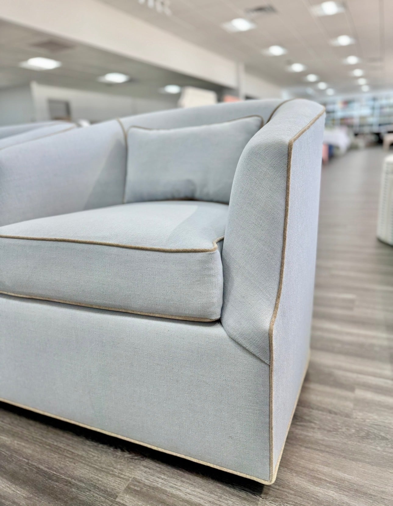 Custom Swivel Chair -  Performance Crypton Fabric in Light Blue - Mushroom Trim