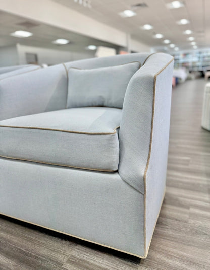 Custom Swivel Chair -  Performance Crypton Fabric in Light Blue - Mushroom Trim