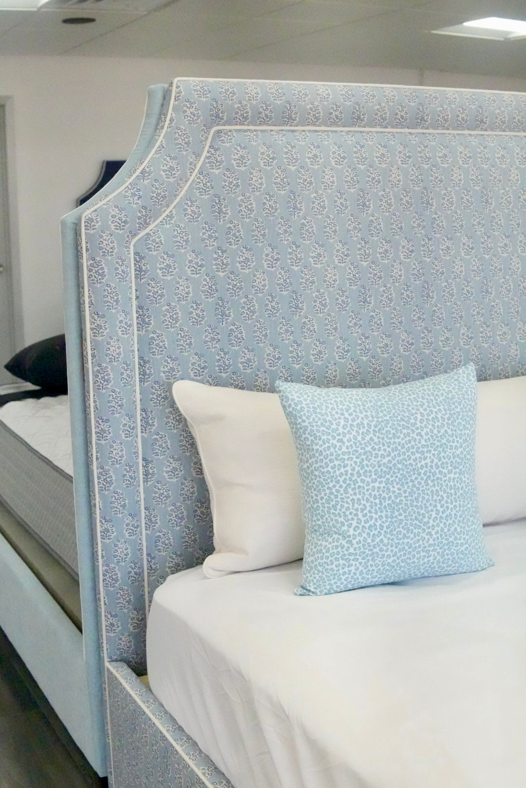 65”H Queen Platform Upholstered Bed - Perry Blue Polyester Fabric with White Trim