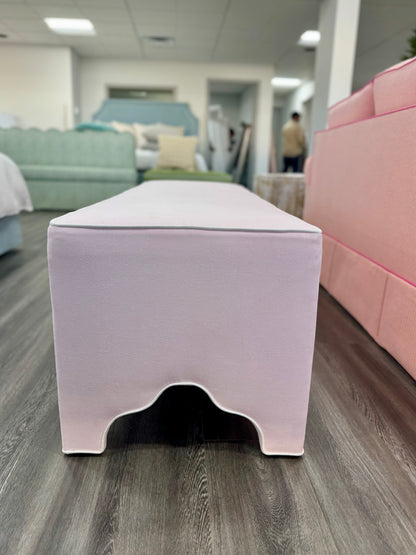 Custom Upholstered Bench in Powder Pink Woven Fabric