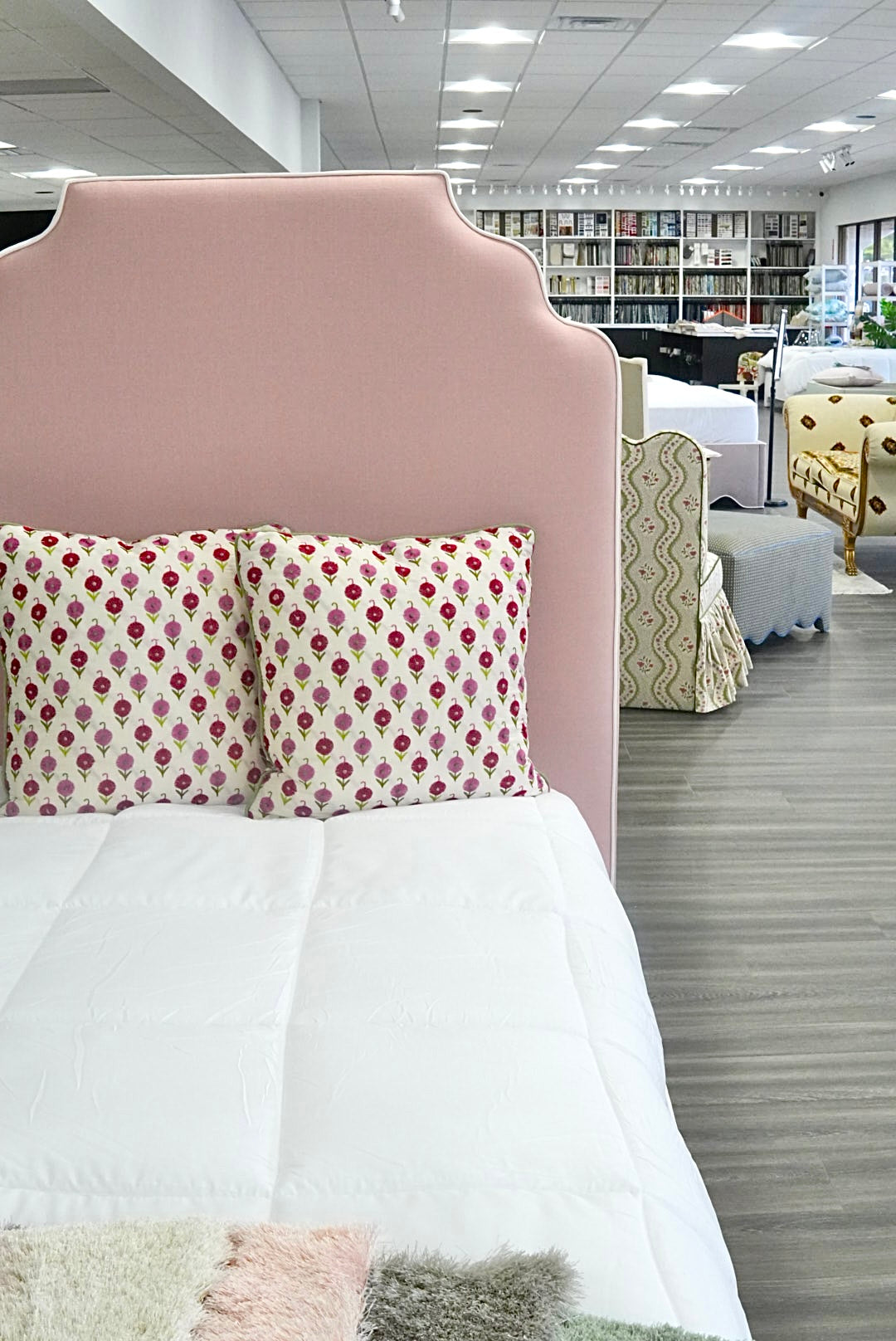 60”H Twin Scalloped Platform Bed in our Blush Pink Linen - White Trim