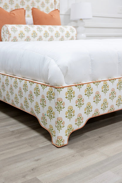 The Aliana Queen Bed - Scalloped Legs - FARAH CORAL/YELLOW - Papaya Trim
