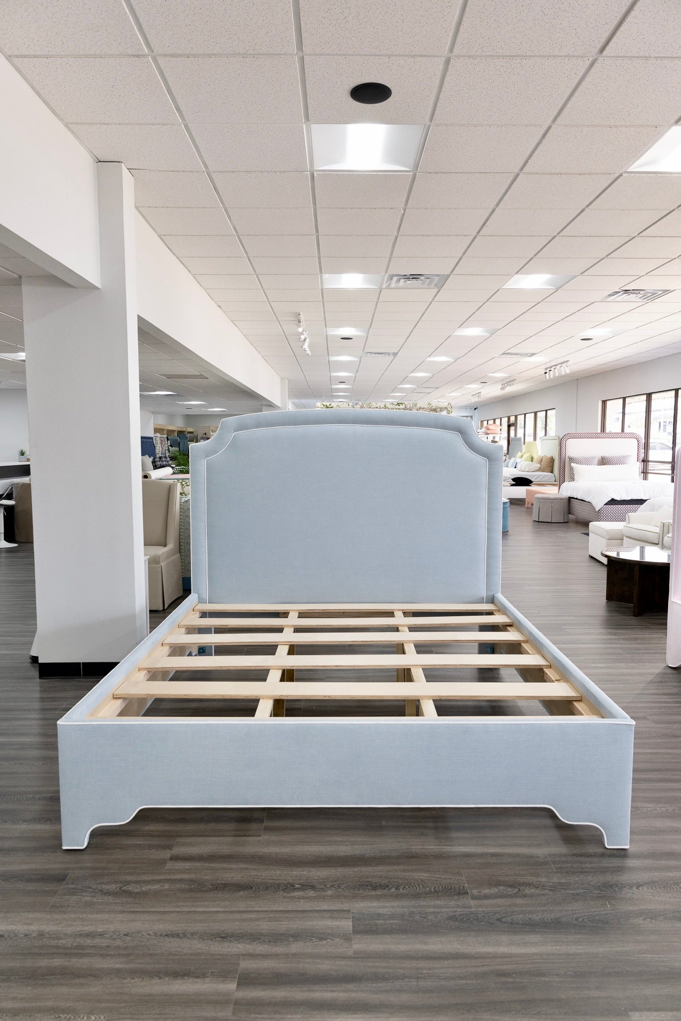 The Aliana King Bed - Scalloped Legs - Sky Blue Woven Fabric with White Trim