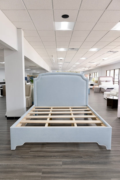 The Aliana King Bed - Scalloped Legs - Sky Blue Woven Fabric with White Trim