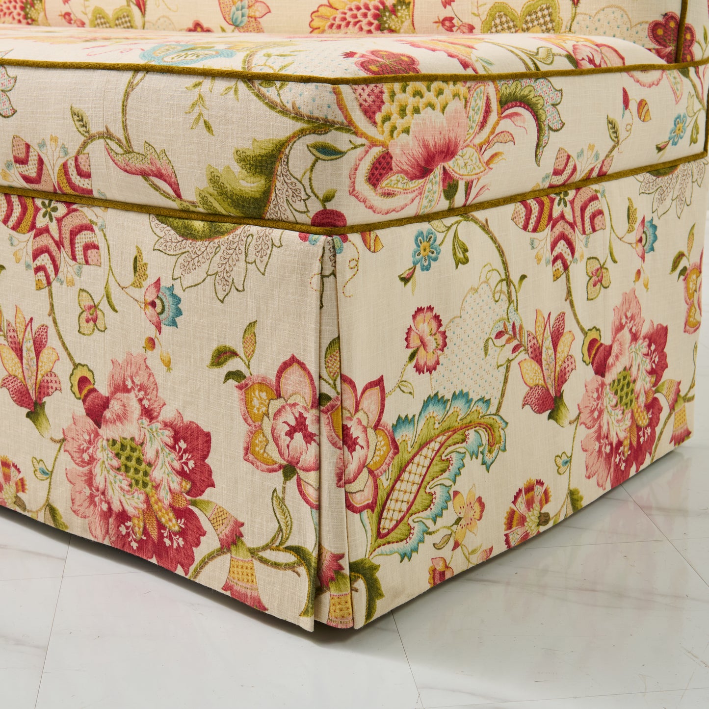 76"L Custom Scalloped Banquette in Ophelia Blossom - Modern Upholstered Dining Banquette with Pleated Skirt
