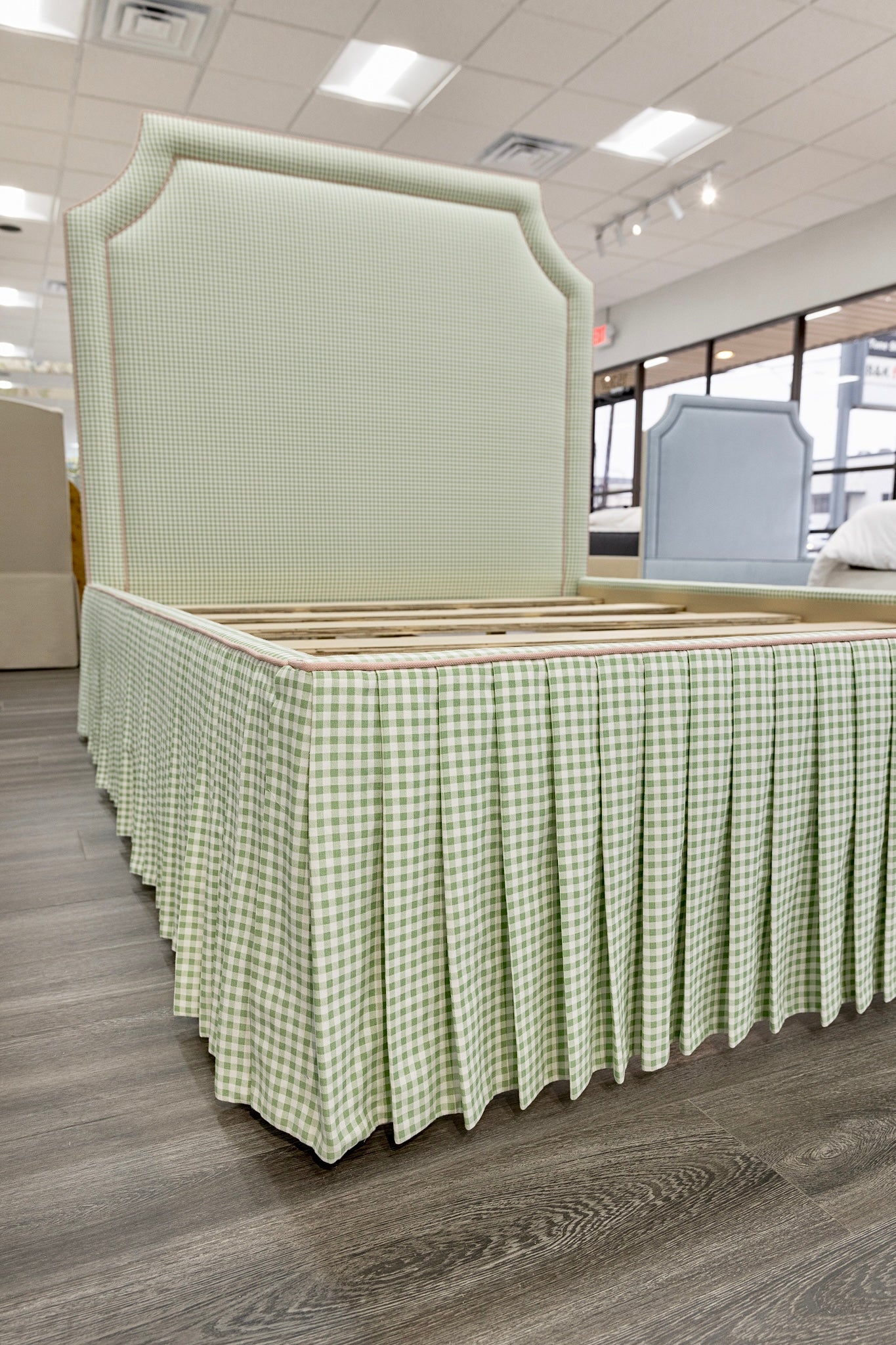The Addison Queen Bed - Skirted Base - Sage Green Gingham Fabric - Pink Trim