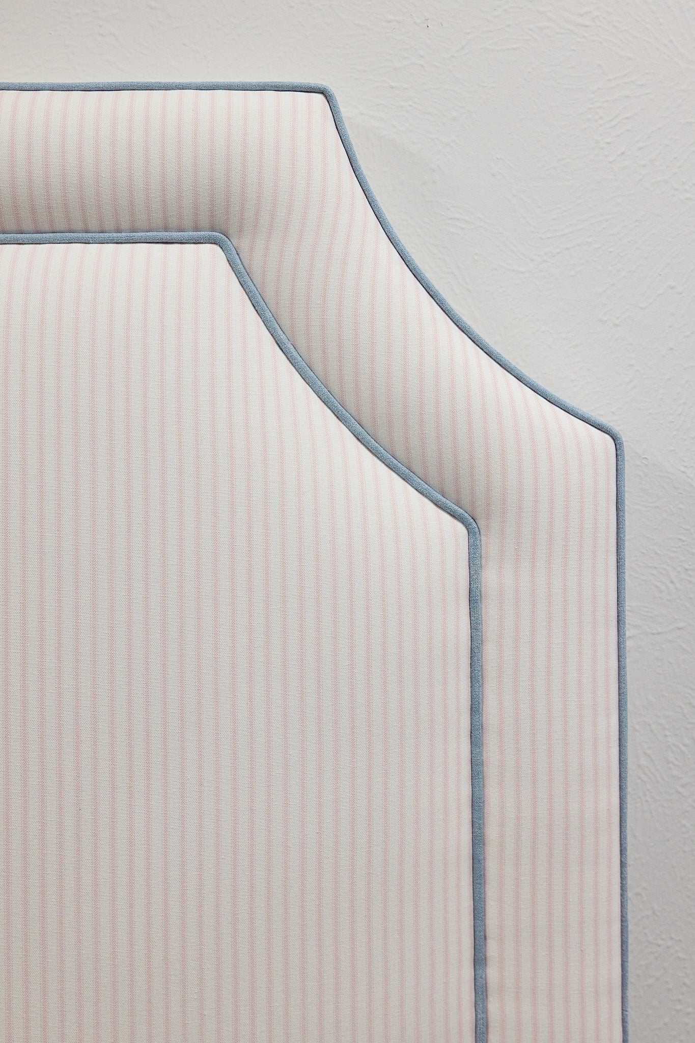the Addison Twin Headboard - Ticking Stripe Pink Fabric - Blue Trim