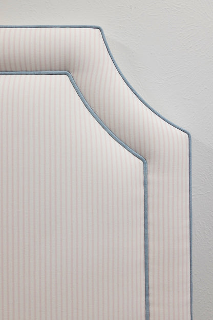 the Addison Twin Headboard - Ticking Stripe Pink Fabric - Blue Trim
